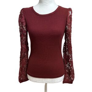 Pretty Garden Fitted Ribbed Top Womens S Lace Sleeves Burgundy Romantic Feminine
